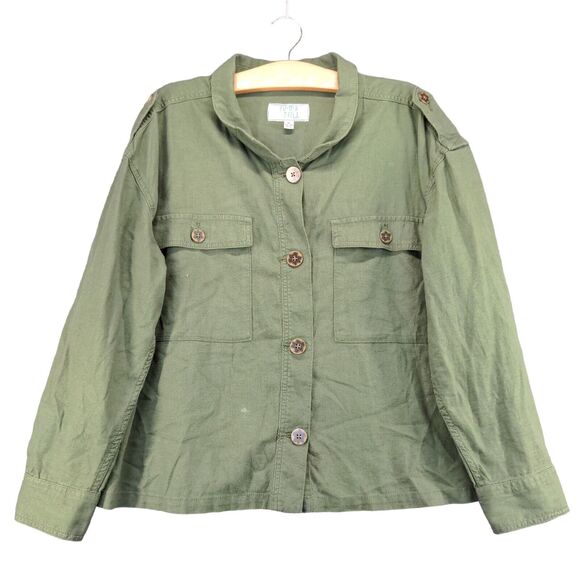 Time And Tru Button Up Linen Jacket Womens XL Long Sleeve Green Chest Pockets - Picture 1 of 14